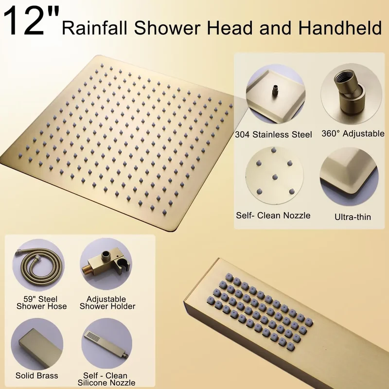HONGDEC 3 Function Rainfall Shower System Brushed Gold Bathroom Shower System Bathroom Shower Set