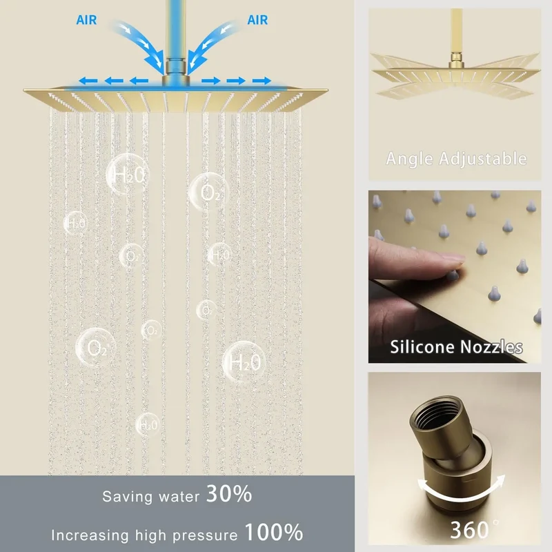 HONGDEC 3 Function Rainfall Shower System Brushed Gold Bathroom Shower System Bathroom Shower Set