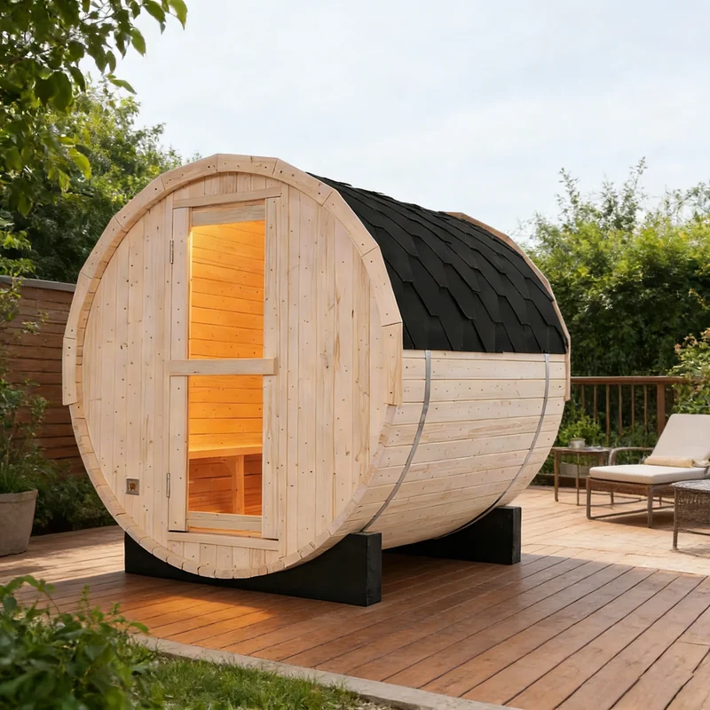 Premium White Pine Outdoor Barrel Sauna Durable Asphalt Shingle Covered Sauna Cabin for Outdoor Relaxation