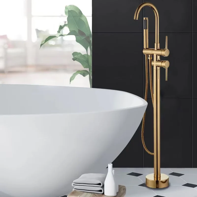 Luxury Hotel Project Gold Chrome Freestanding Bathtub Faucet Set Modern Rain Brass Mixer Shower Bath Taps With Hand Shower
