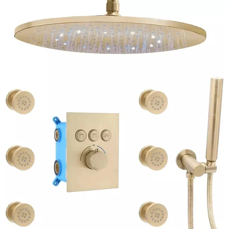 12-Inch Brushed Chrome LED Rain Shower Head System Thermostatic Mixer Single Handle Contemporary Brass Design Hotels Massage Jet