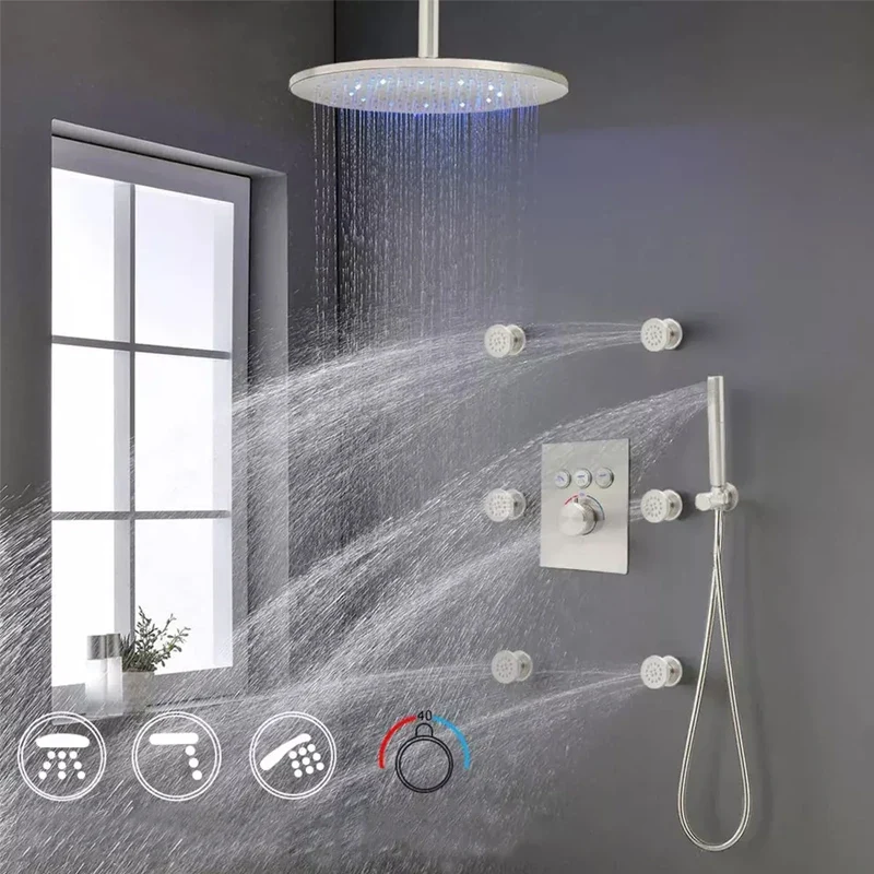 12-Inch Brushed Chrome LED Rain Shower Head System Thermostatic Mixer Single Handle Contemporary Brass Design Hotels Massage Jet