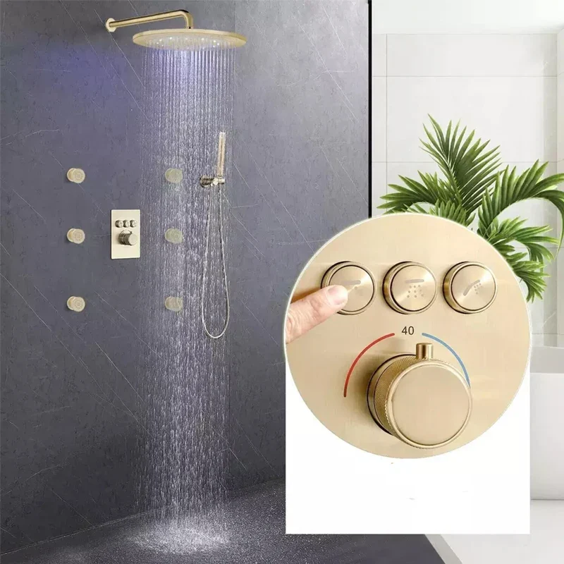 12-Inch Brushed Chrome LED Rain Shower Head System Thermostatic Mixer Single Handle Contemporary Brass Design Hotels Massage Jet