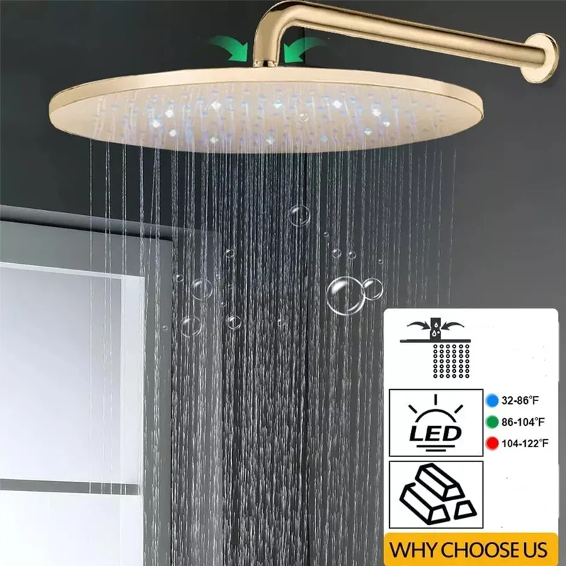 12-Inch Brushed Chrome LED Rain Shower Head System Thermostatic Mixer Single Handle Contemporary Brass Design Hotels Massage Jet