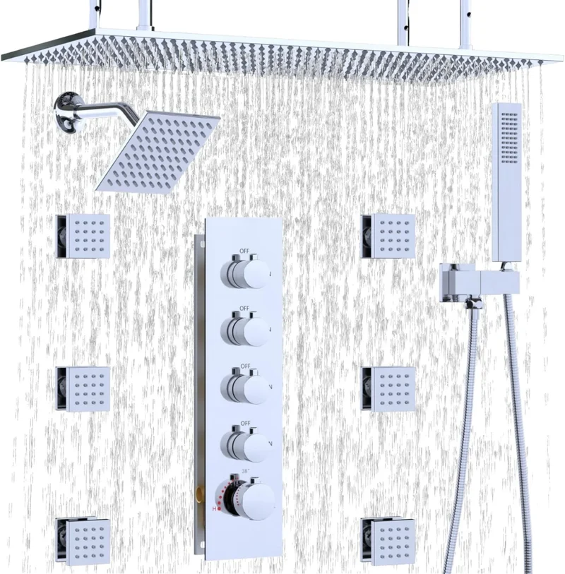 Chrome Brass Modern Style Apartment Bathroom Shower System 6-Piece Handheld Body Jets Dual Shower Heads Soft Rain Spray Massage