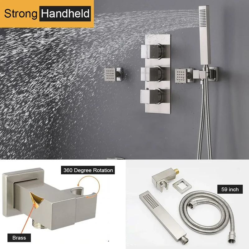 16-Inch Polished Brass Wall Mount Thermostatic Faucet Set with Slide Bar Soft Jet Rain Shower System