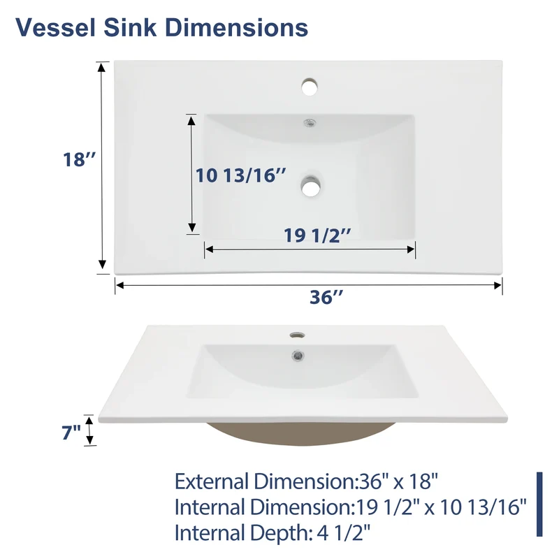 Sarlai US Stock 36-Inch Modern Drop-In Vanity Easy Clean Bathroom Sinks Ceramic Thin Edge Basin
