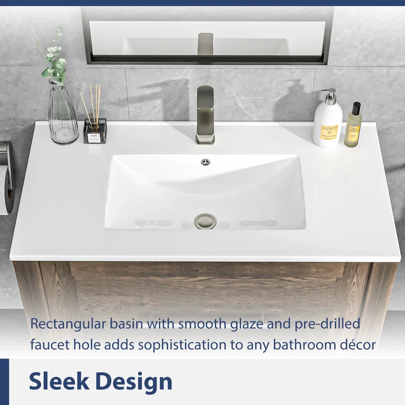 Sarlai US Stock 36-Inch Modern Drop-In Vanity Easy Clean Bathroom Sinks Ceramic Thin Edge Basin