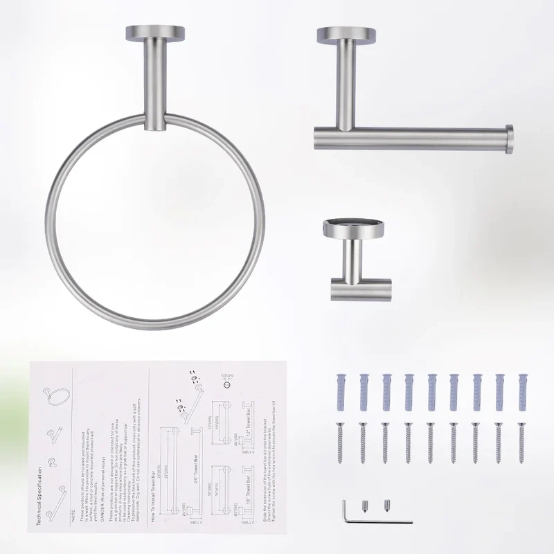 3 Pieces Brushed Nickel Bathroom Hardware Set Towel Ring Toilet Paper Holder Towel Hook, Wall Mounted Bathroom Accessories Set