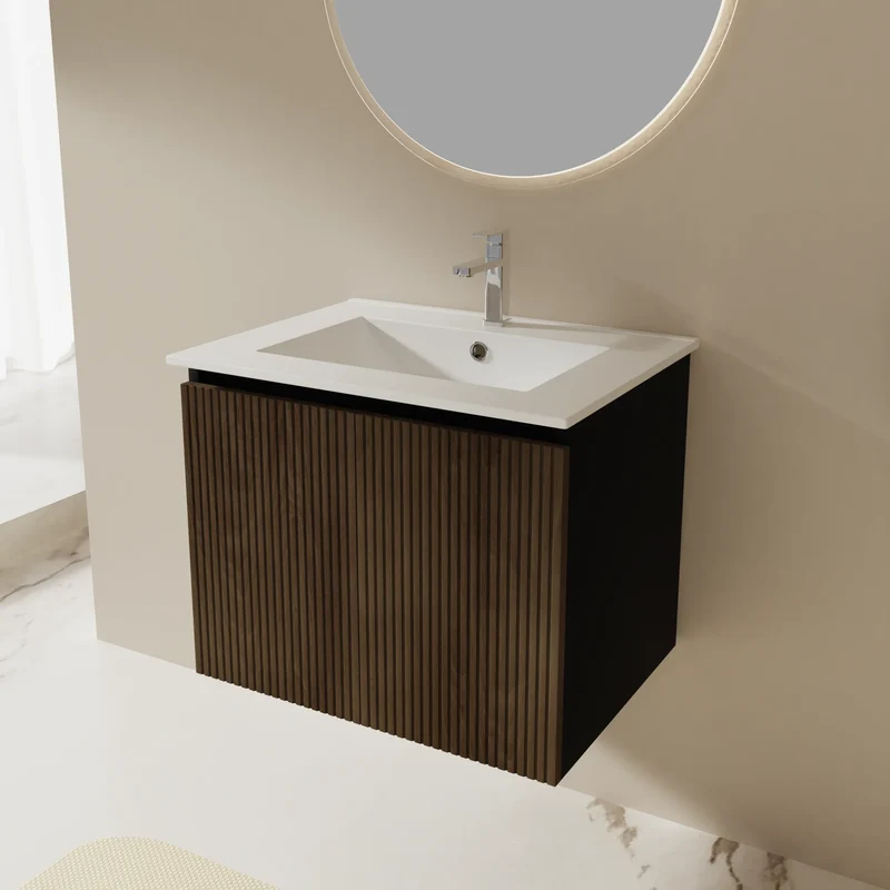 US Warehouse Floating Storage Cabinet Combo W/ Black Towel Rack, Black&Walnut 24" Wall-mount Bathroom Sink Vanity
