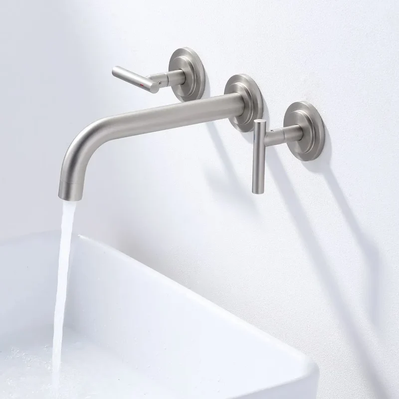 8 Inch Long Spout Reach Bathroom Sink Faucet Wall Mounted Two Handles Washbasin Faucet Rough-in Valve Chrome Wall Faucet
