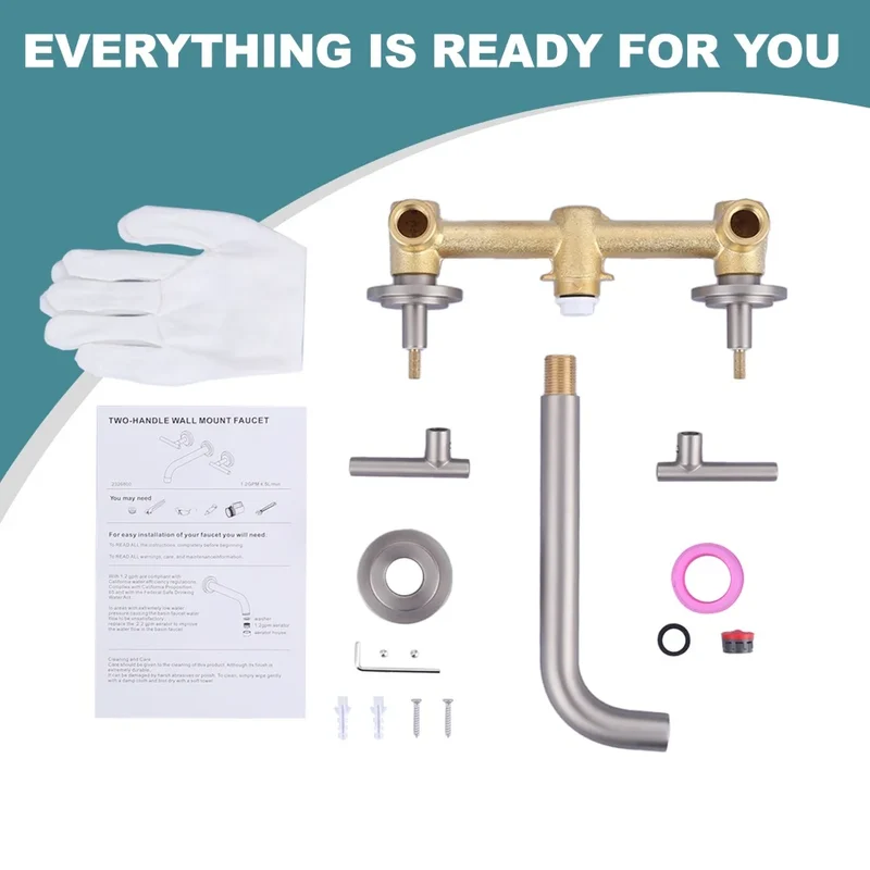 8 Inch Long Spout Reach Bathroom Sink Faucet Wall Mounted Two Handles Washbasin Faucet Rough-in Valve Chrome Wall Faucet