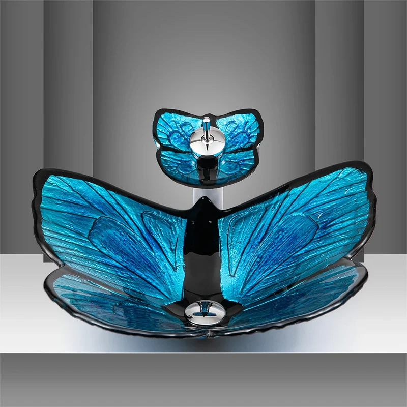 Deluxe Blue Art butterfly Tempered Glass Table Top Wash Basin for Public Toilet Family Bathroom Hotel Shower Room Sinks
