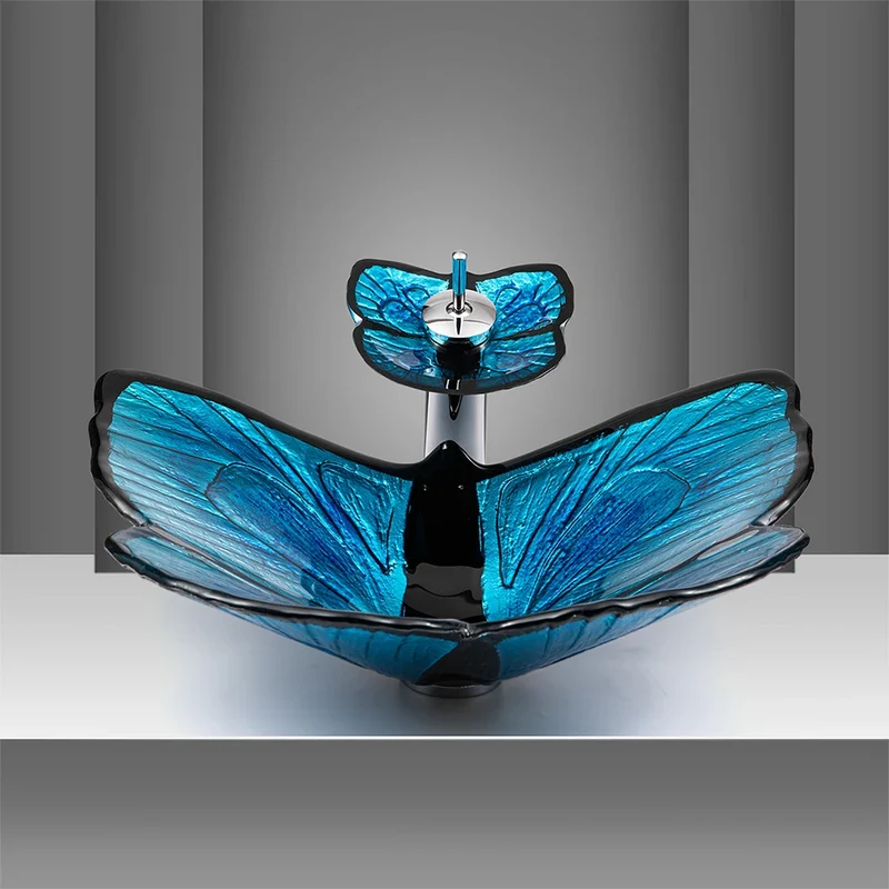 Deluxe Blue Art butterfly Tempered Glass Table Top Wash Basin for Public Toilet Family Bathroom Hotel Shower Room Sinks