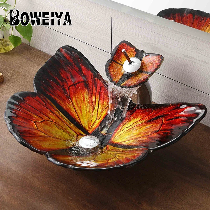 Deluxe Blue Art butterfly Tempered Glass Table Top Wash Basin for Public Toilet Family Bathroom Hotel Shower Room Sinks