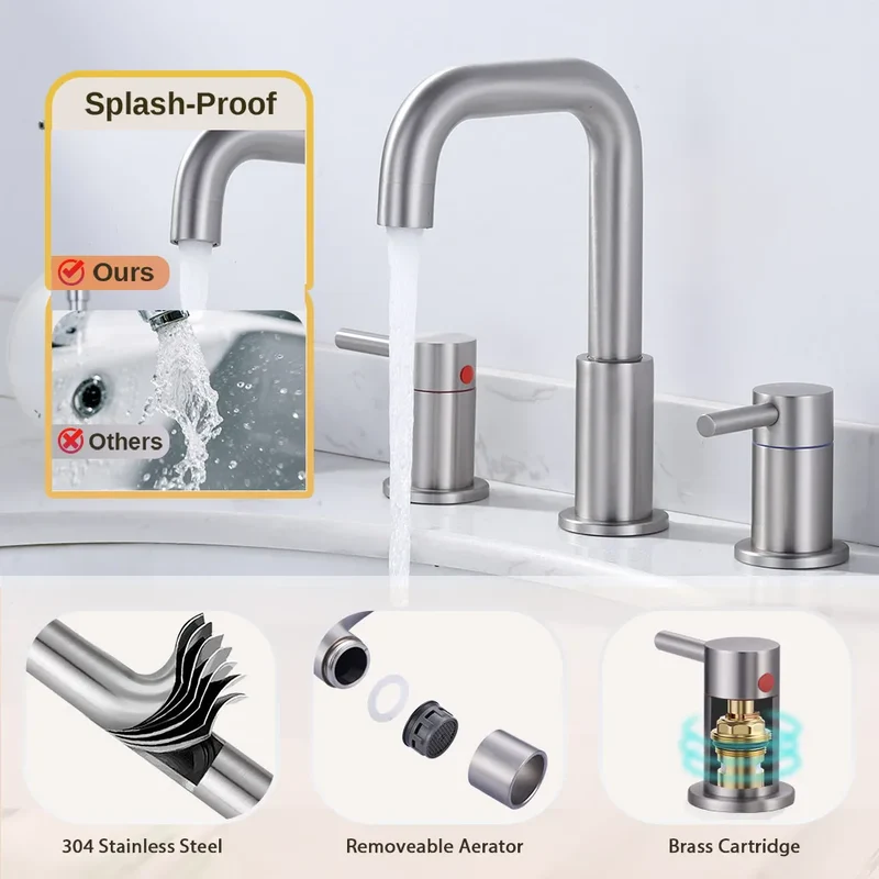 Modern Bathroom Vanity Faucet Basin Mixer Tap 360 Swivel Spout Deck Mounted Three Hole Double Handle Wash Basin Faucet