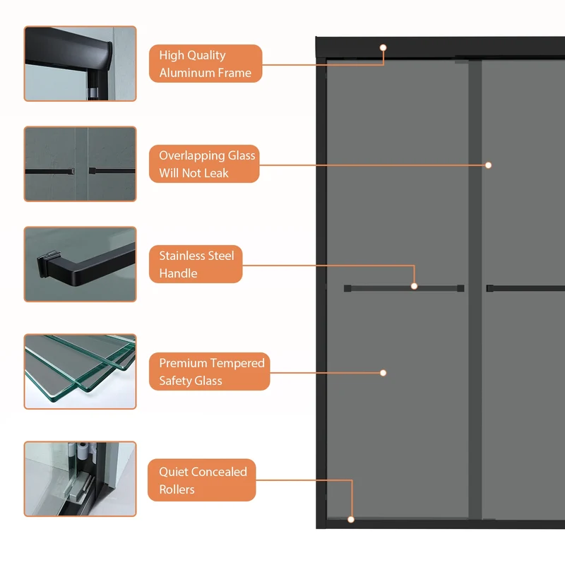 Factory Direct Sale Custom 48" X 76" Luxury Top Quality Bypass Frameless Double Sliding Glass Bathroom Shower Door