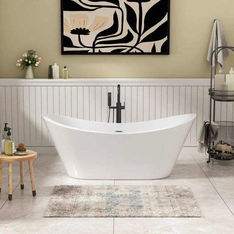 US Stock 67 Inch Glossy White Adult Acrylic Freestanding Bath Tub Deep Soaking Alone Solid Surface Design for Hotels Villas
