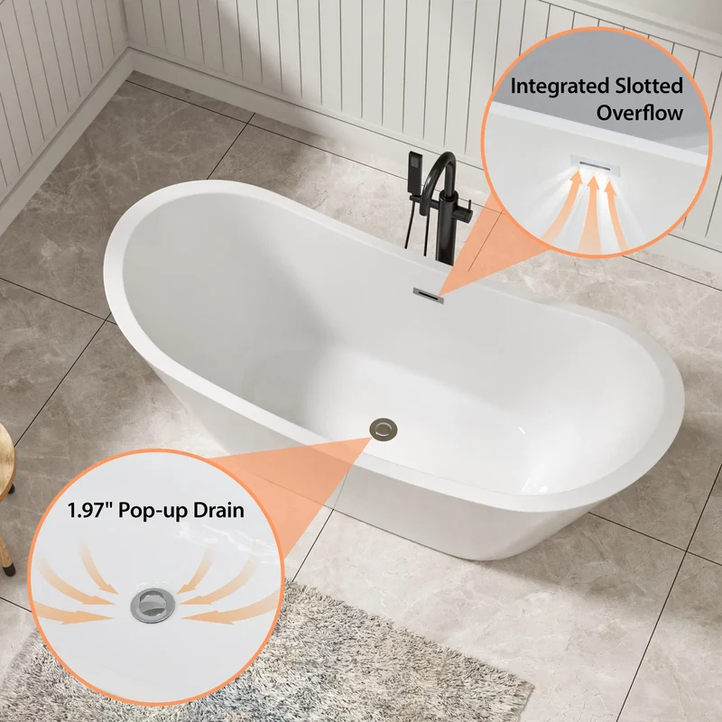 US Stock 67 Inch Glossy White Adult Acrylic Freestanding Bath Tub Deep Soaking Alone Solid Surface Design for Hotels Villas