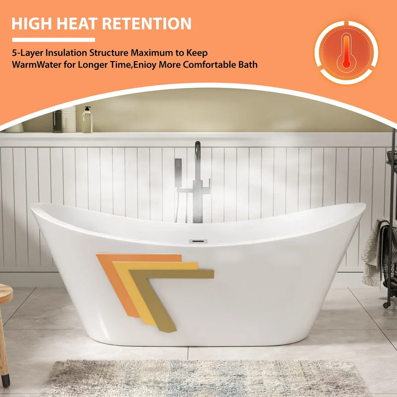 US Stock 67 Inch Glossy White Adult Acrylic Freestanding Bath Tub Deep Soaking Alone Solid Surface Design for Hotels Villas