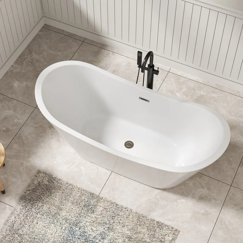 US Stock 67 Inch Glossy White Adult Acrylic Freestanding Bath Tub Deep Soaking Alone Solid Surface Design for Hotels Villas