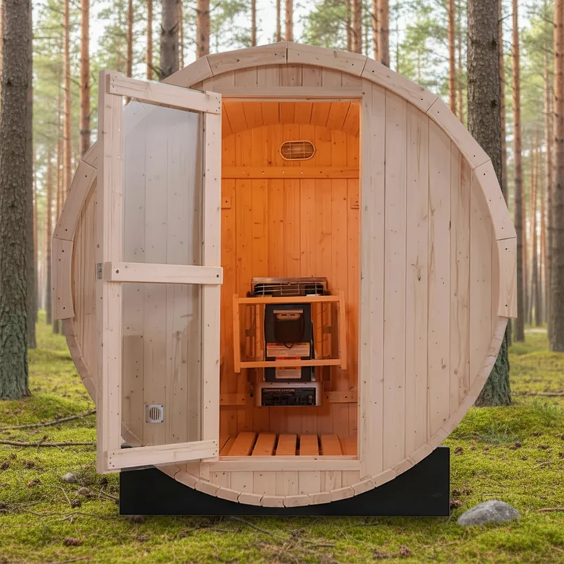 Luxury Barrel Sauna with Immersive Panoramic Glass Door | Year-Round 4-Person Outdoor Spa