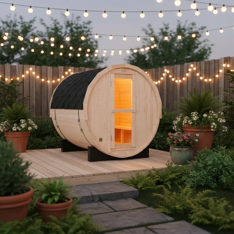 Luxury Barrel Sauna with Immersive Panoramic Glass Door | Year-Round 4-Person Outdoor Spa
