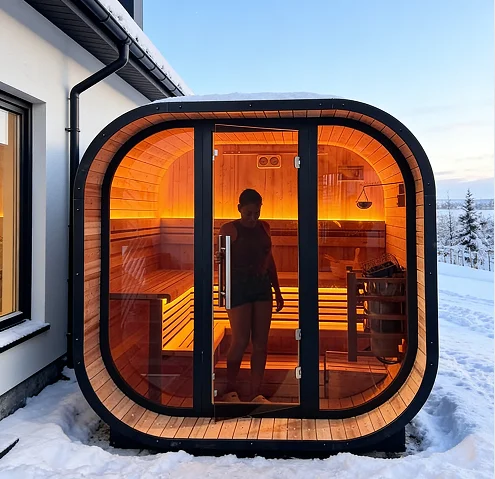 Premium Solid Wood outdoor cube sauna Tradition L-Shaped Double-Tiered Bench black sauna room with 220-240V sauna stove