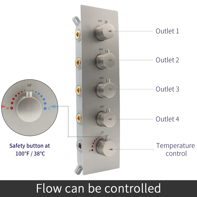 Modern 4 Way Thermostatic Shower Mixing Valve Concealed 5-Handle Brass Diverter Controlled Flow Polished Bronze Brushed Nickel