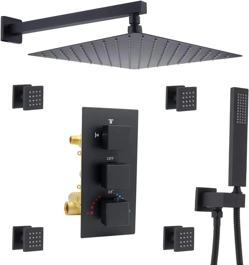 Luxury Matte Black Thermostatic Shower System Set, 12" Rainfall Shower Head with 4 Body Jets and Handheld Spray