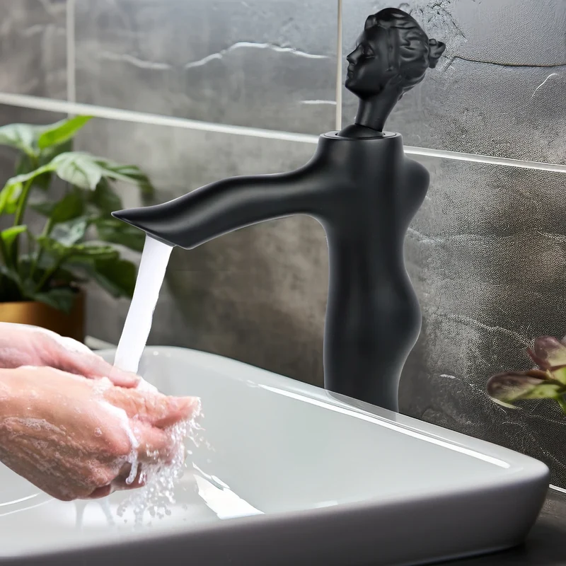 Brass Matte Black Thermostatic Vessel Sink Faucet-Vintage Statue Design Single Handle Tall Spout for 1 Hole Deck Mount