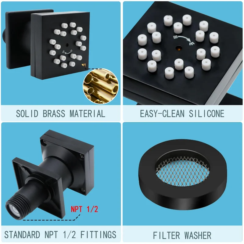 High Pressure Wall Mount Brass Square Showerhead Spa Massage Shower Sprayer Nozzles 2-Function Shower Body Sprays Jet