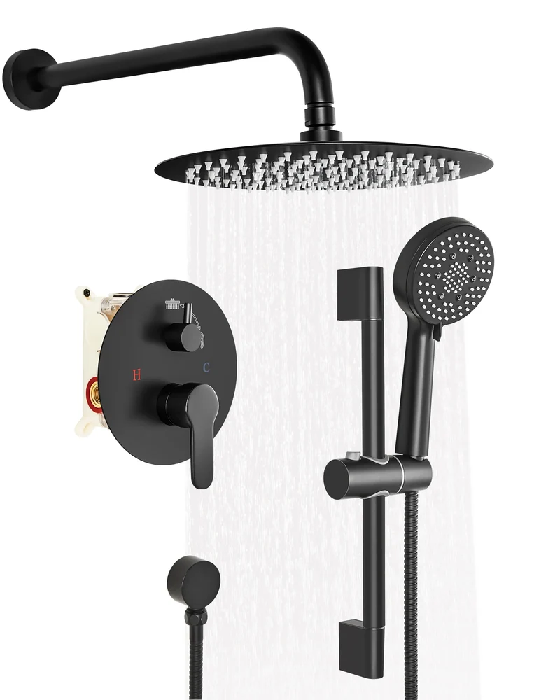 FLG Matte Black Bathroom Stainless Steel Shower Hot and Cold in High Pressure Rainfall Wall Mount Concealed Shower Set
