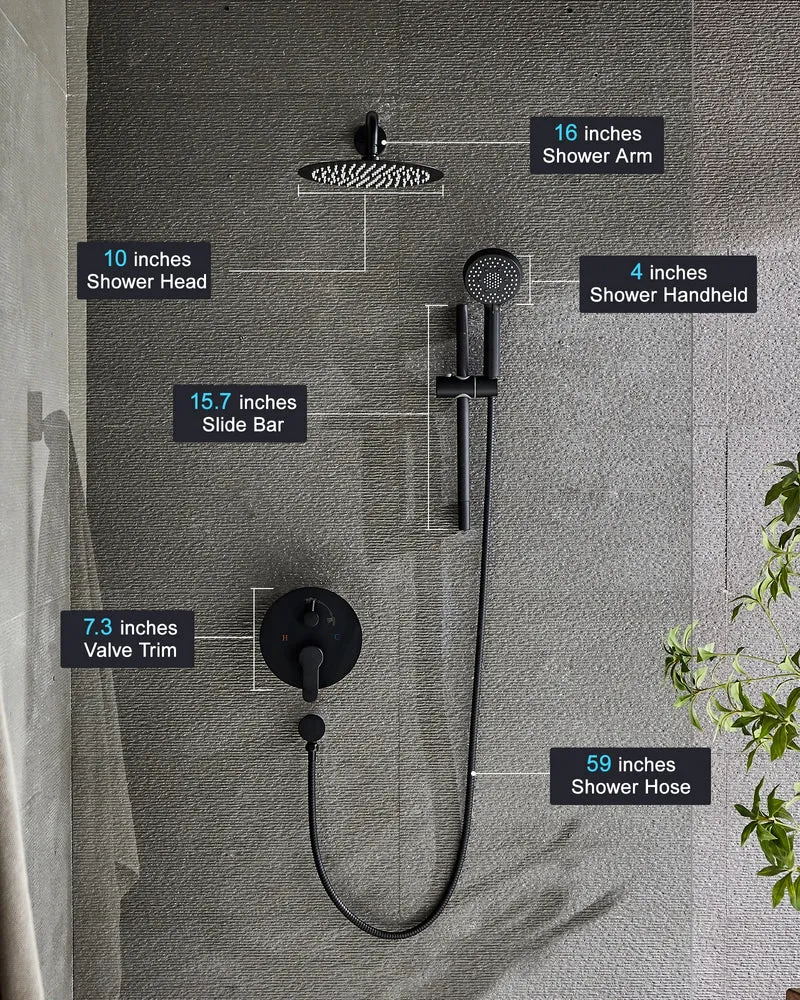 FLG Matte Black Bathroom Stainless Steel Shower Hot and Cold in High Pressure Rainfall Wall Mount Concealed Shower Set