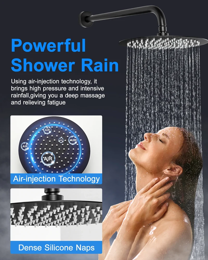 FLG Matte Black Bathroom Stainless Steel Shower Hot and Cold in High Pressure Rainfall Wall Mount Concealed Shower Set