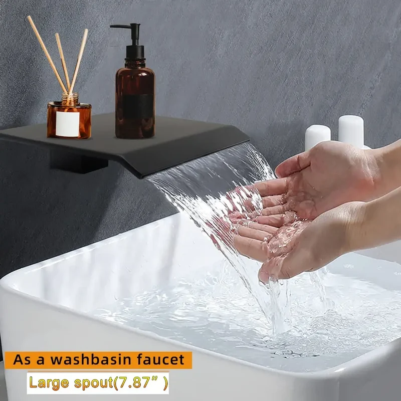 In Wall Concealed Basin Faucet Matte Black Waterfall Split Faucet All Copper Main Body Faucet