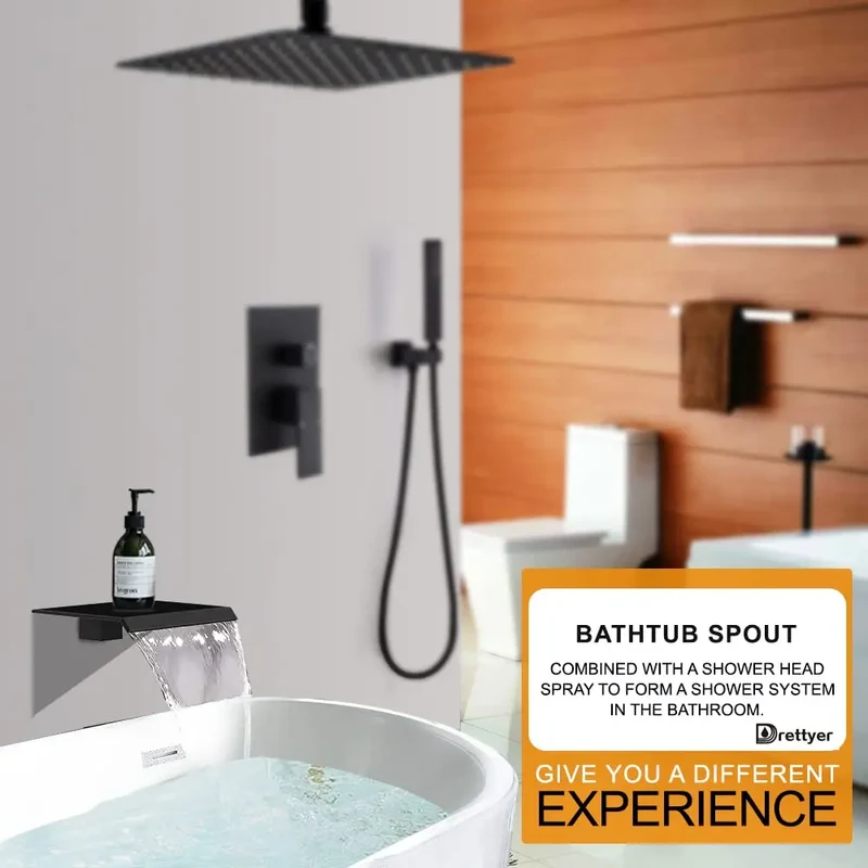 In Wall Concealed Basin Faucet Matte Black Waterfall Split Faucet All Copper Main Body Faucet