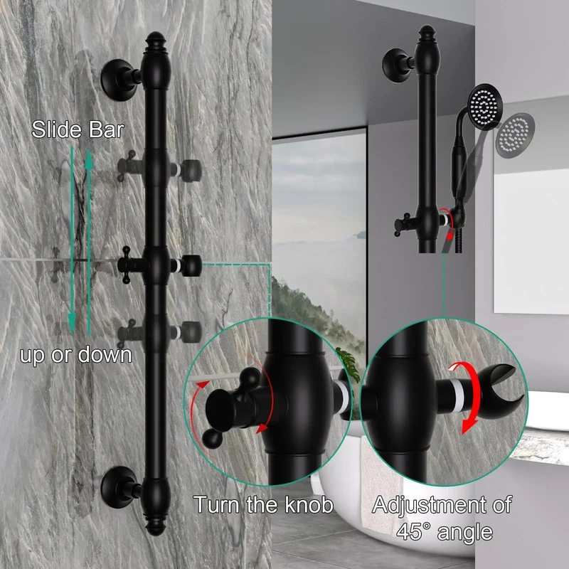 Brass Contemporary Shower Slide Bar Handheld Shower Head Adjustable Height Wall-Mounted 59-Inch Hose Rainfall Waterfall Spray