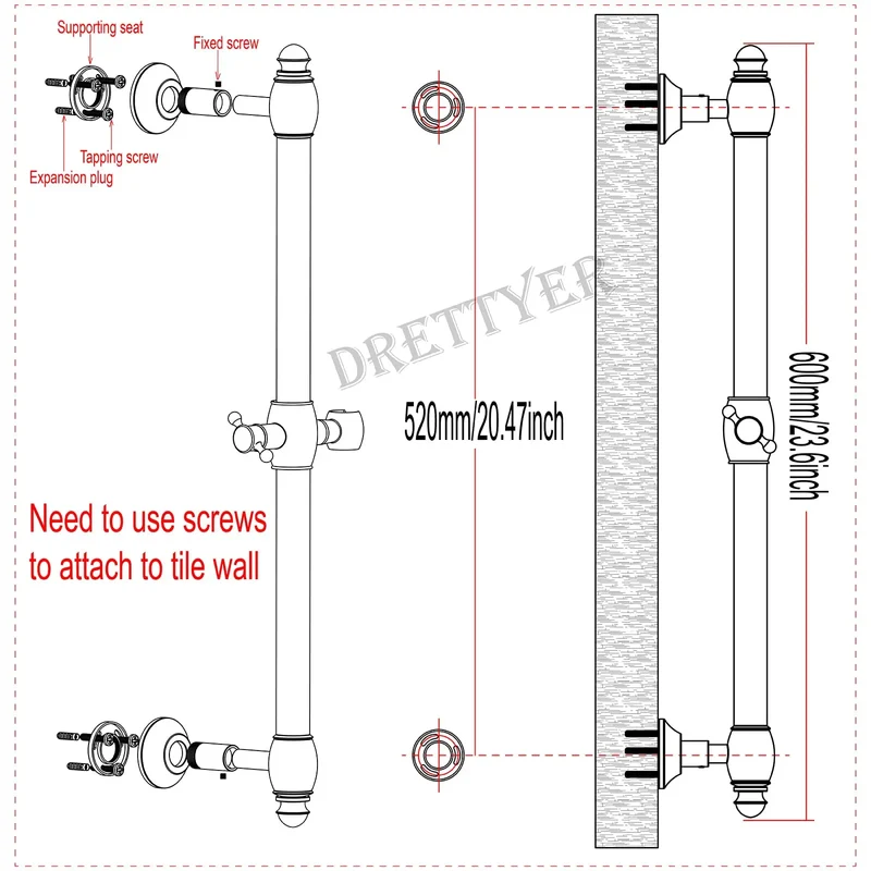 Brass Contemporary Shower Slide Bar Handheld Shower Head Adjustable Height Wall-Mounted 59-Inch Hose Rainfall Waterfall Spray