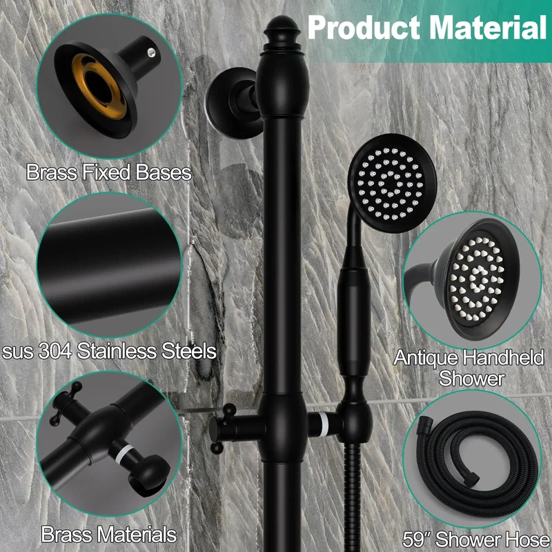 Brass Contemporary Shower Slide Bar Handheld Shower Head Adjustable Height Wall-Mounted 59-Inch Hose Rainfall Waterfall Spray