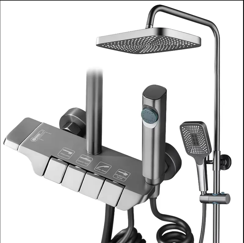 Deao 2024 New Designer Exposed Gray Color 4 Push Button Piano Key Digital Shower Faucet Mixer Set With Rainfall Shower Head