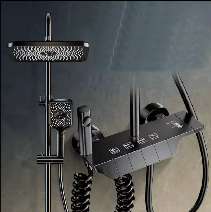 Deao 2024 New Designer Exposed Gray Color 4 Push Button Piano Key Digital Shower Faucet Mixer Set With Rainfall Shower Head