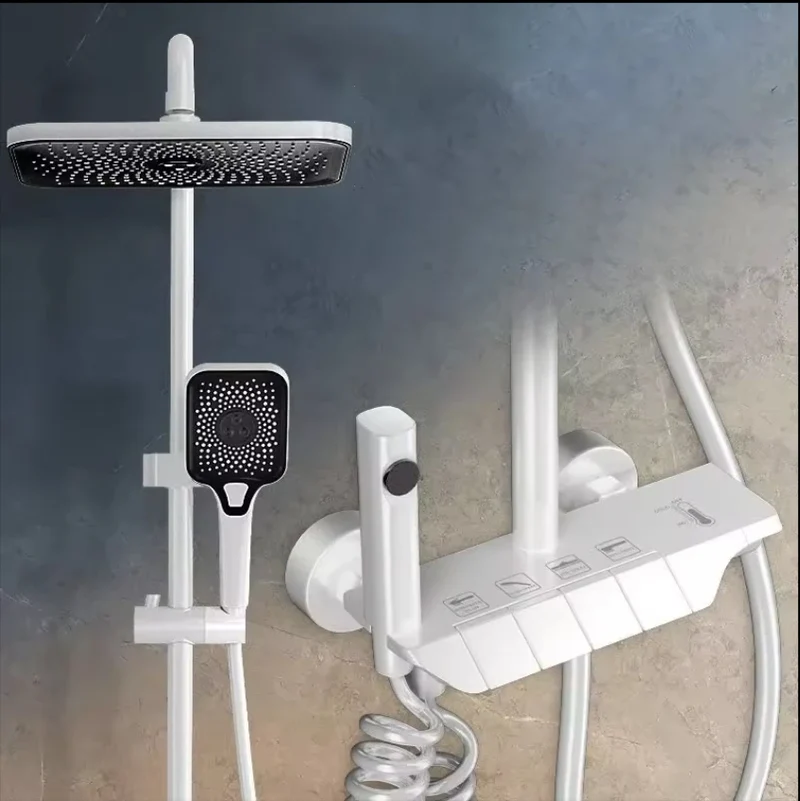 Deao 2024 New Designer Exposed Gray Color 4 Push Button Piano Key Digital Shower Faucet Mixer Set With Rainfall Shower Head
