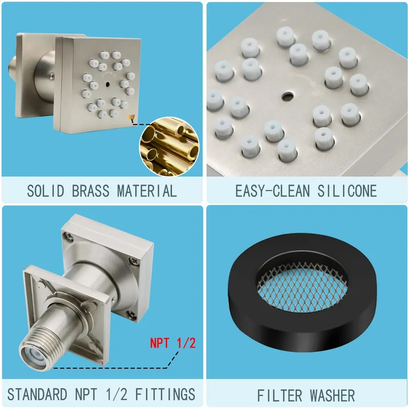 High-Pressure Wall Mounted Brass Square Shower Sprayer Nozzles Brushed Brass Body Jets Rain Pattern Ceramic Thermostatic Faucets
