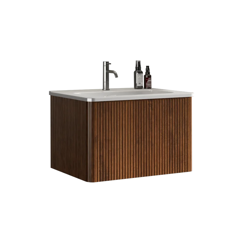 Homein 24 in White+Walnut Bathroom Vanity with Sink, Wall Mounted Melamine Floating Cabinet with Striped Push-open Drawers