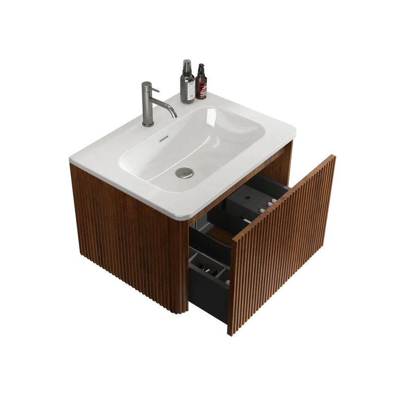 Homein 24 in White+Walnut Bathroom Vanity with Sink, Wall Mounted Melamine Floating Cabinet with Striped Push-open Drawers