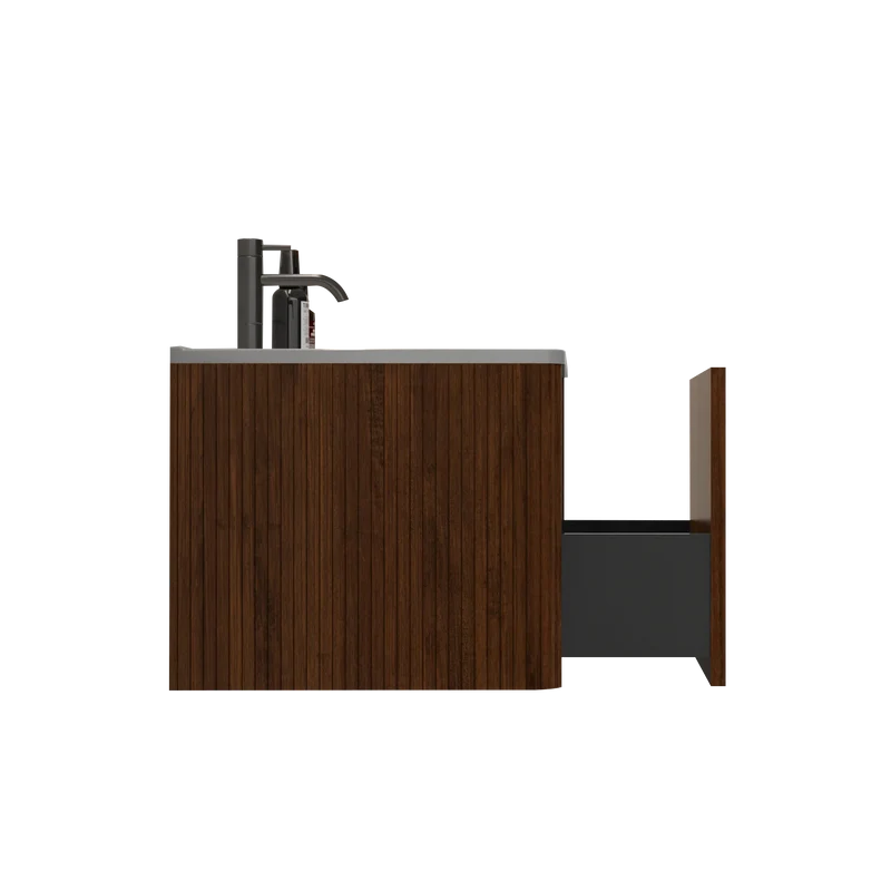 Homein 24 in White+Walnut Bathroom Vanity with Sink, Wall Mounted Melamine Floating Cabinet with Striped Push-open Drawers