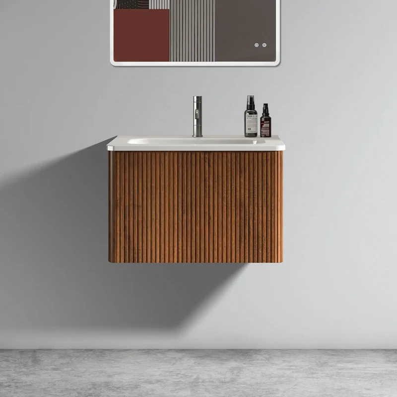 Homein 24 in White+Walnut Bathroom Vanity with Sink, Wall Mounted Melamine Floating Cabinet with Striped Push-open Drawers