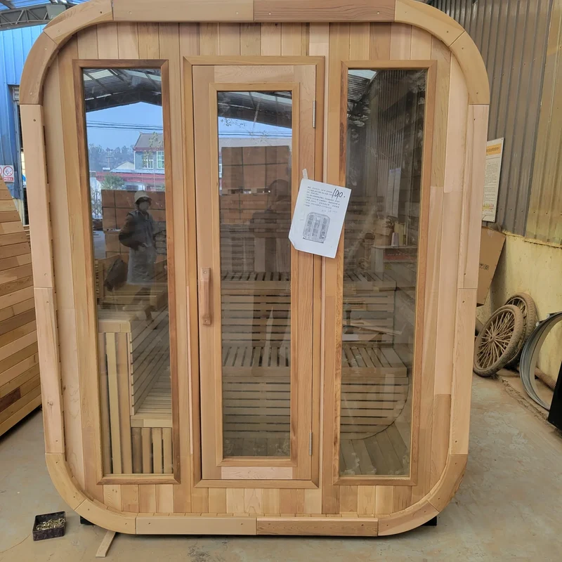 Traditional Outdoor Red Cedar Cube Barrel Steam Sauna Room 200x200x210cm Wet Sauna with Full Glass Door for Backyard Spa
