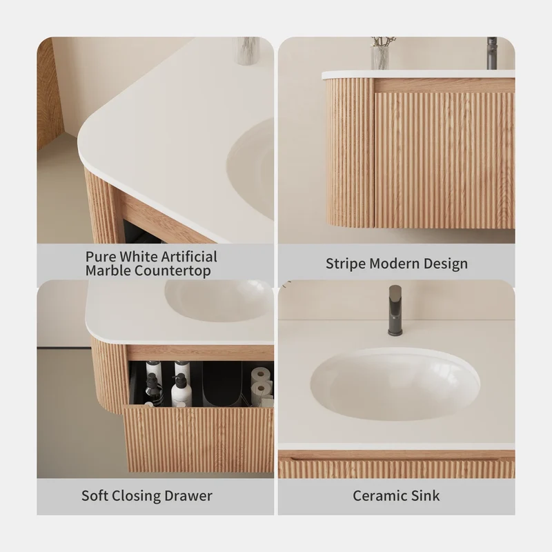 USA Free Shipping Floating Curved Bathroom Cabinet Wall Mounted 36 Inch 42 Inch Bathroom Vanity Cabinet with Countertop
